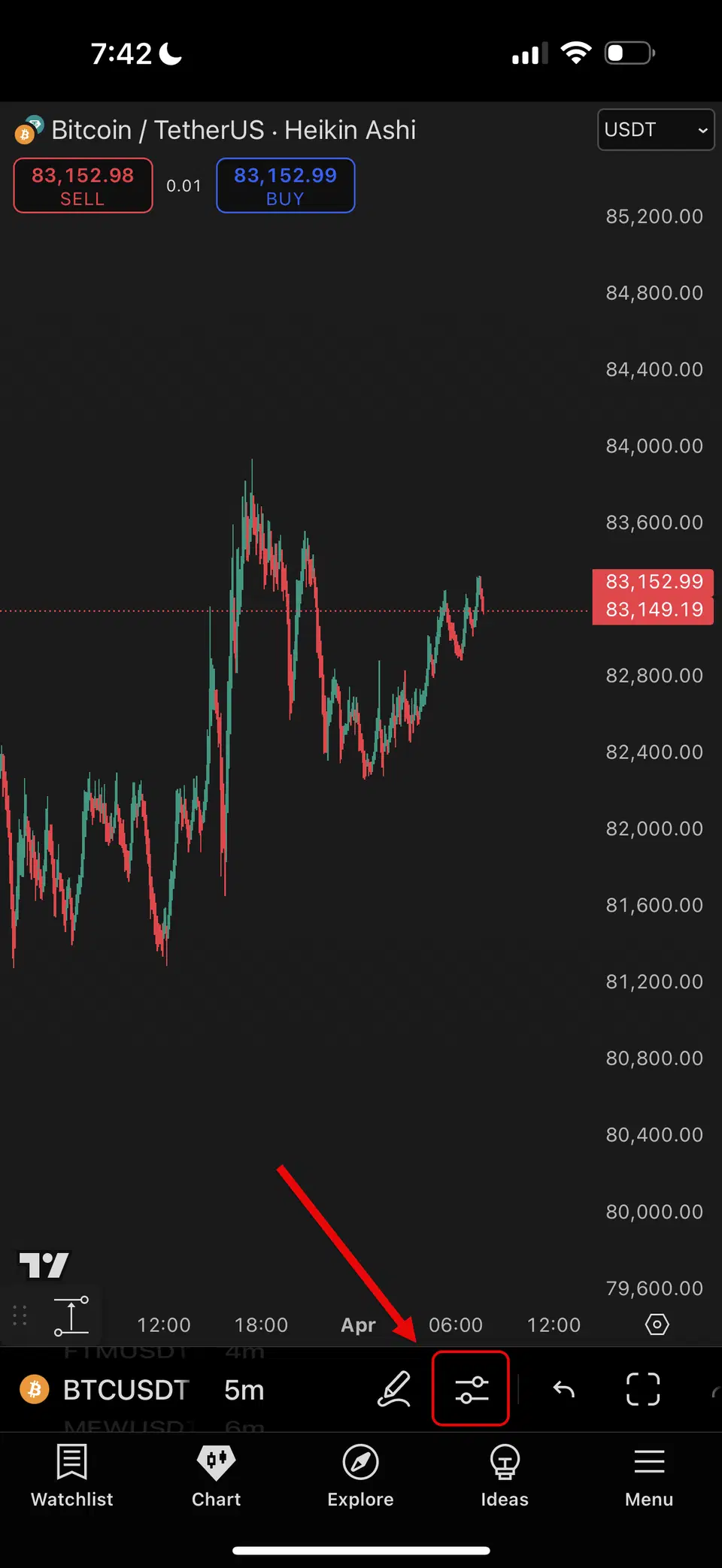 TradingView mobile settings icon